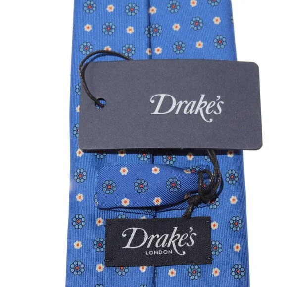 Drake's NWT Neck Tie in Blue with White & Orange Mini Floral Print 100% Silk